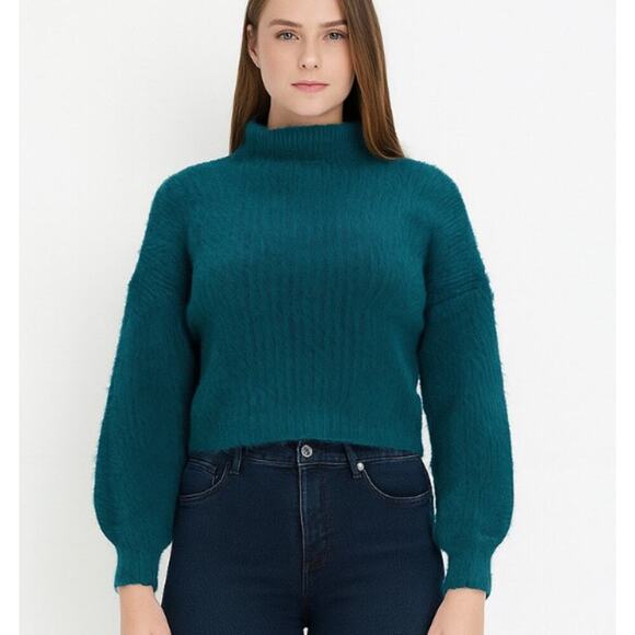 Prima sweater soft fluffy mock neck balloon sleeve green SZ MD ribbed - Picture 1 of 9